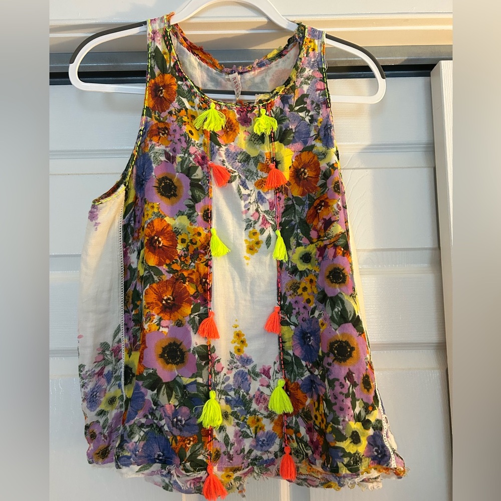 Anthropologie Floral Tassel Tank in White with Orange, Purple & Neon Accents